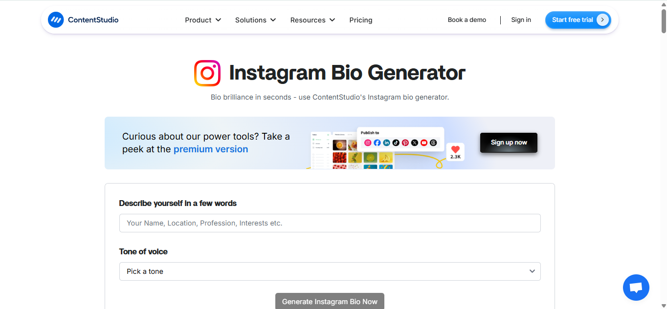 ContentStudio - penjana bio Instagram yang terkenal dengan fon bergaya