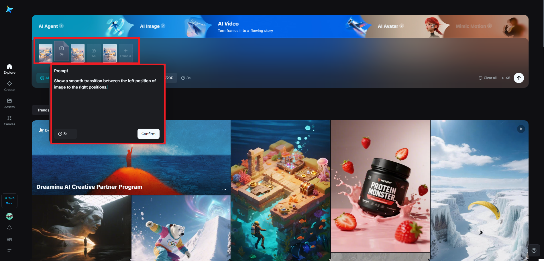 Funzionalità di generazione di video multiframe in Dreamina.