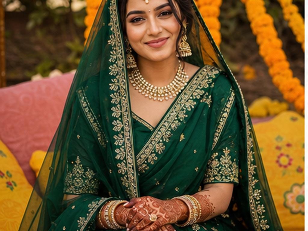 Indische Braut Mehndi AI Prompts Prompt Beispiel 1 - Smaragd mehndi Porträt