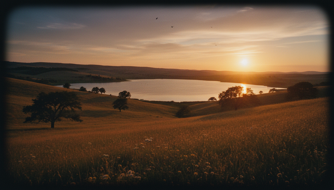 Veo use case: cinematic landscape—rolling hills and lake at golden hour with gentle tilt cue; corner badge ‘Veo’.