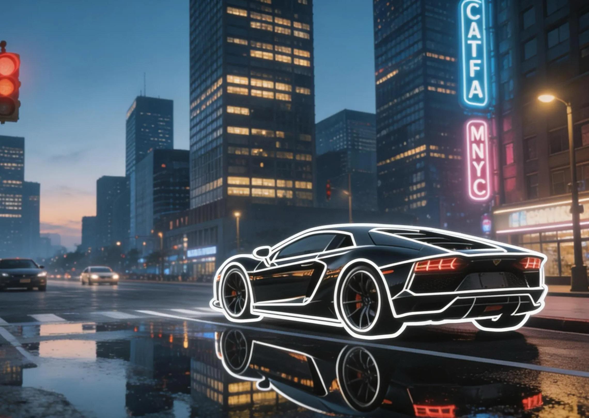 Combine a dynamic city intersection background with a sleek sports car