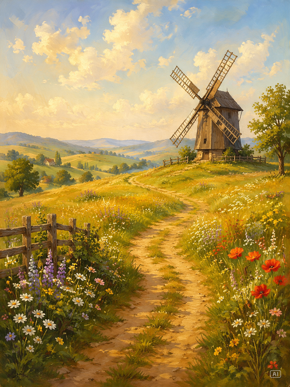 Windmill meadow anime landscape prompt generated by Pippit