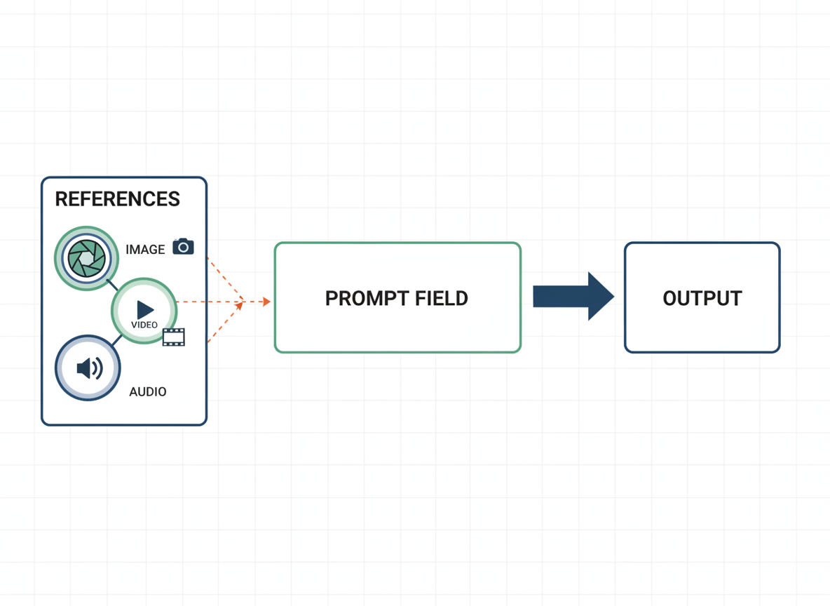 Panel: inputs and outputs with prompt plus references, aspect ratio and resolution tiles in minimal style.