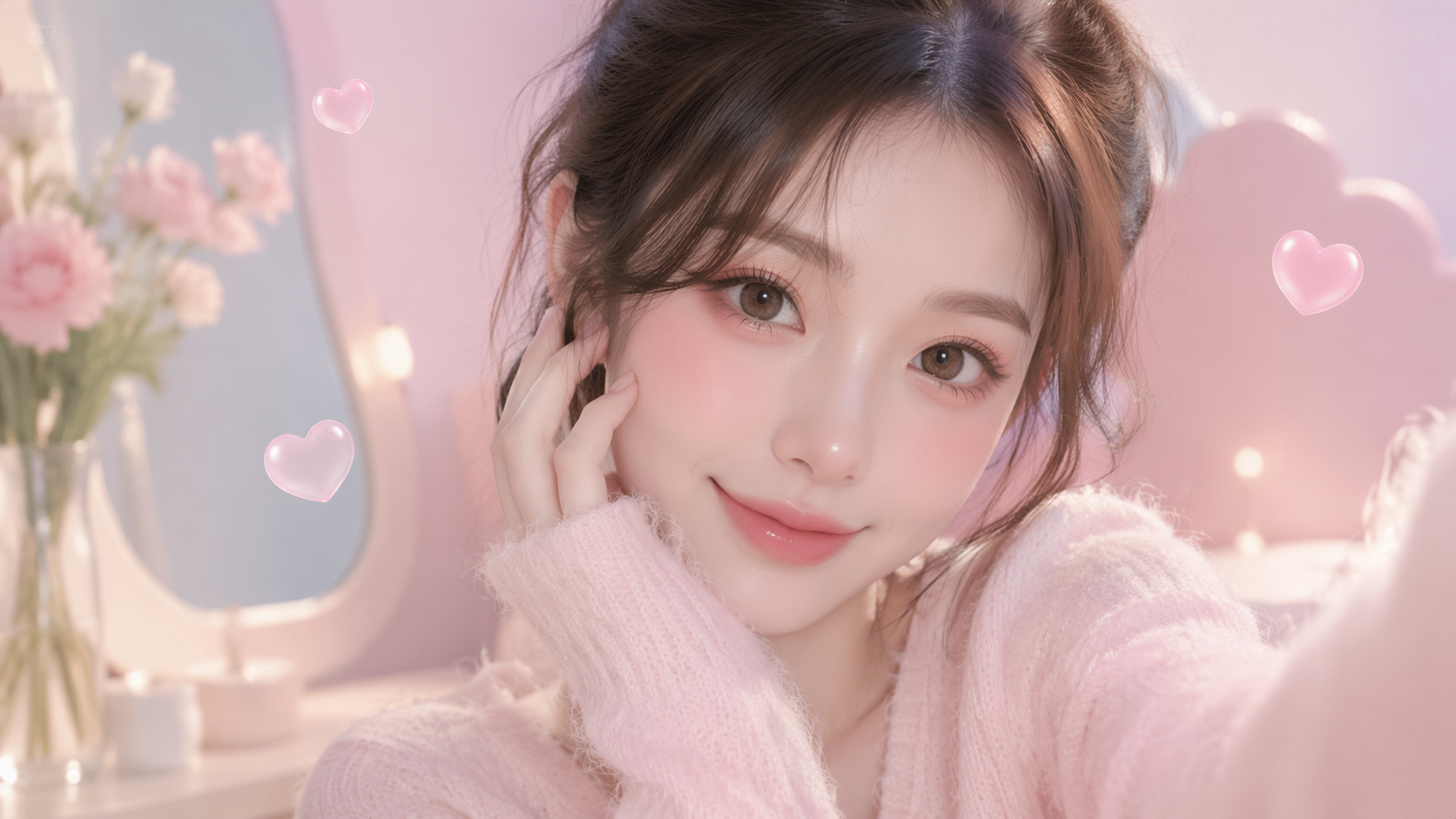Exemplo de prompt do filtro de maquiagem Dreamina Douyin 5: retrato pastel rosado