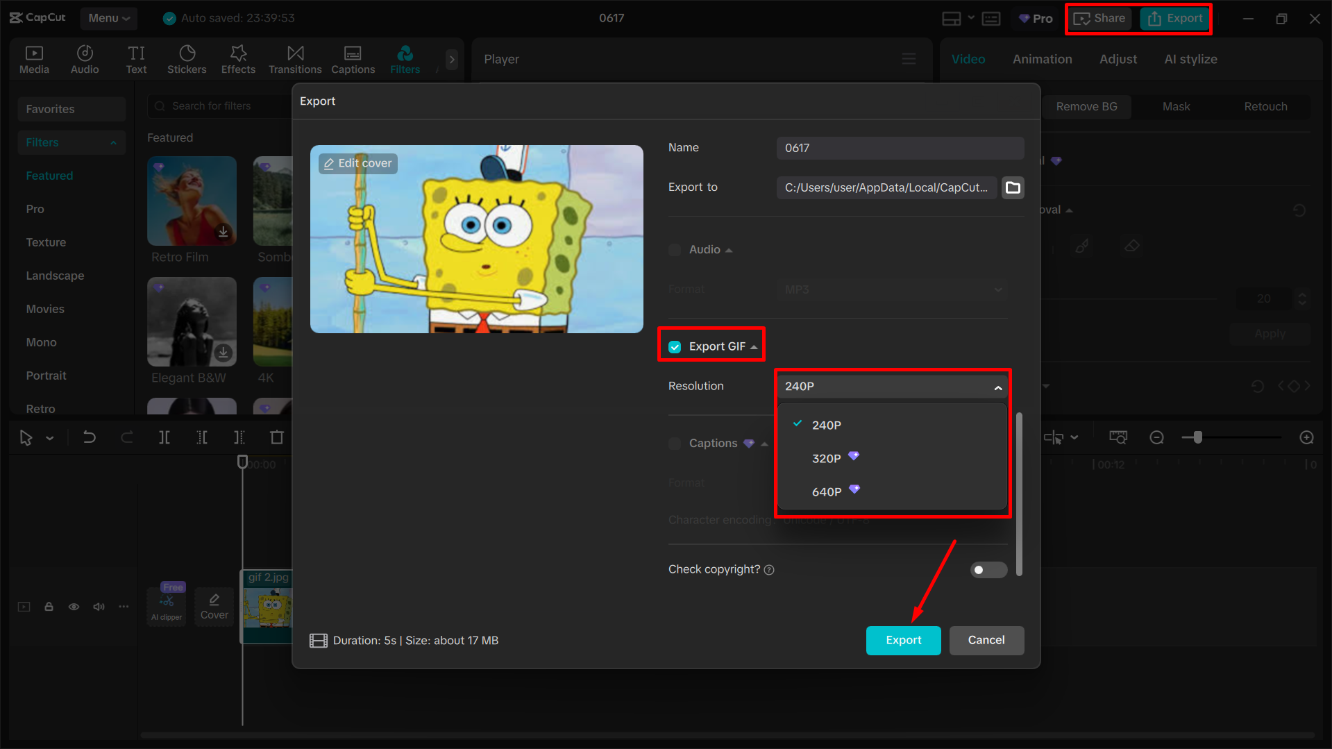 Esportazione di video come GIF dall' CapCut editor video desktop