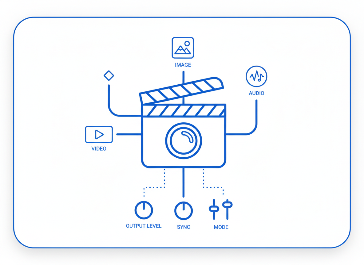 Multi‑modal control illustration: linked icons for image, video, and audio indicating director‑level control.