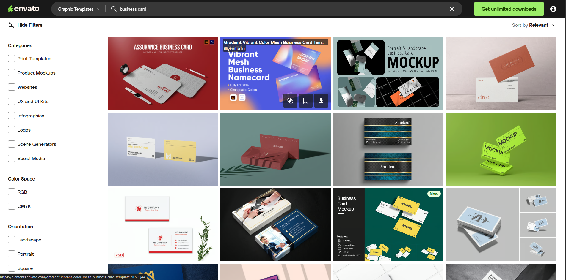 Interfaccia di Envato - un sito accessibile per trovare modelli di biglietti da visita per Photoshop.