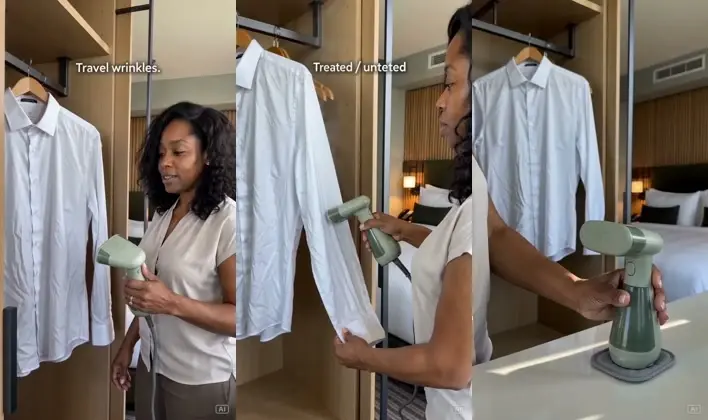 Wanita menggunakan alat pengukus tangan pada baju putih di bilik hotel, ditunjukkan dalam tiga panel bersebelahan.
