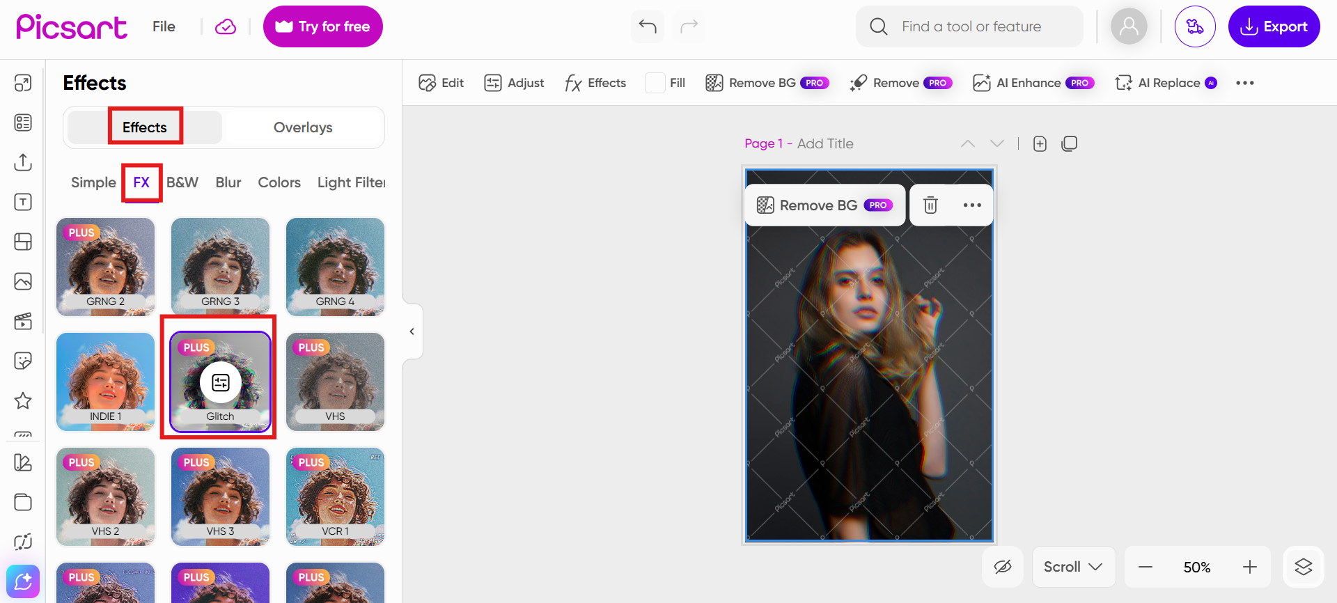 Select the glitch filter and customize