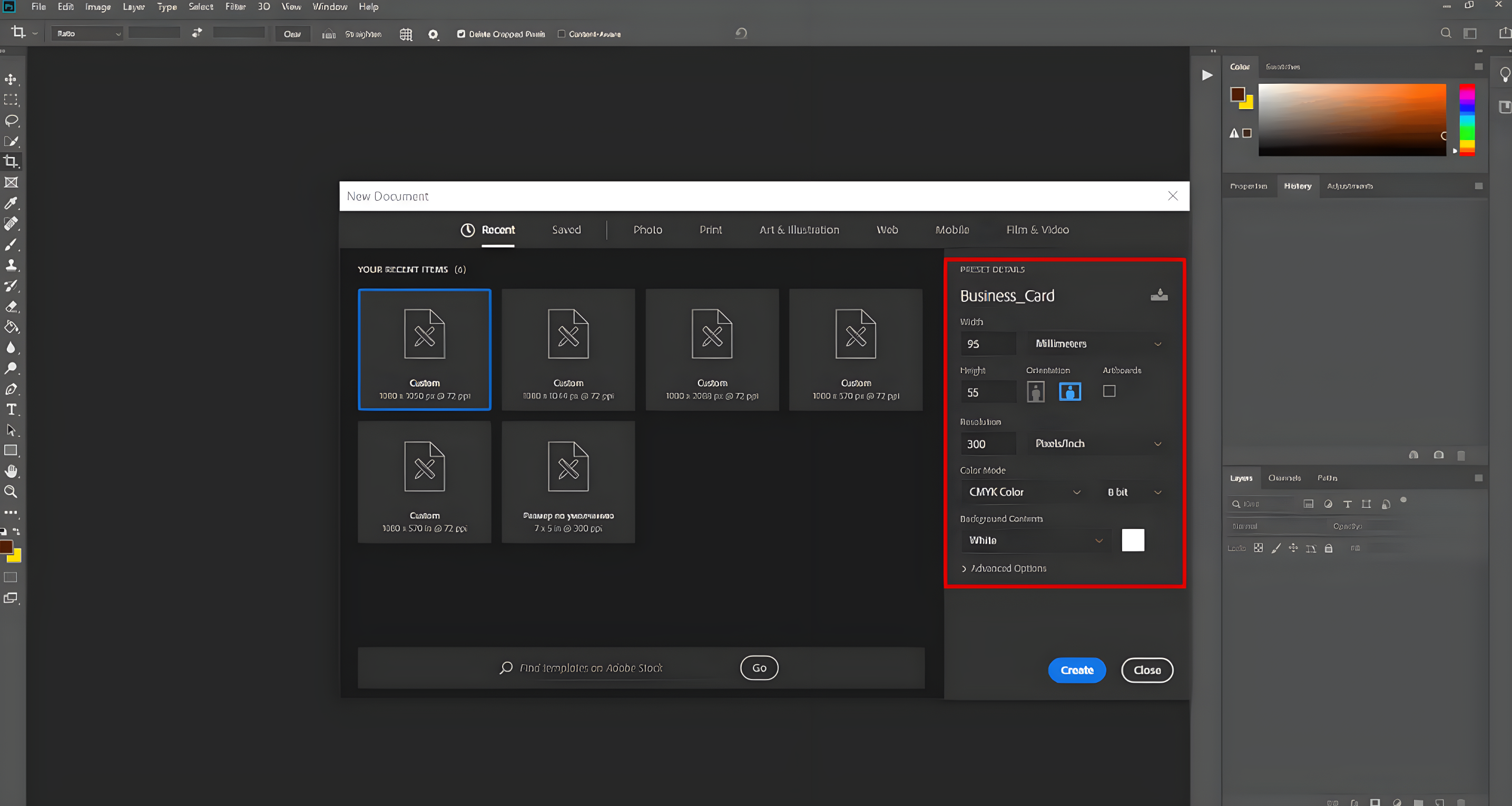 Impostare le dimensioni del biglietto da visita in Photoshop