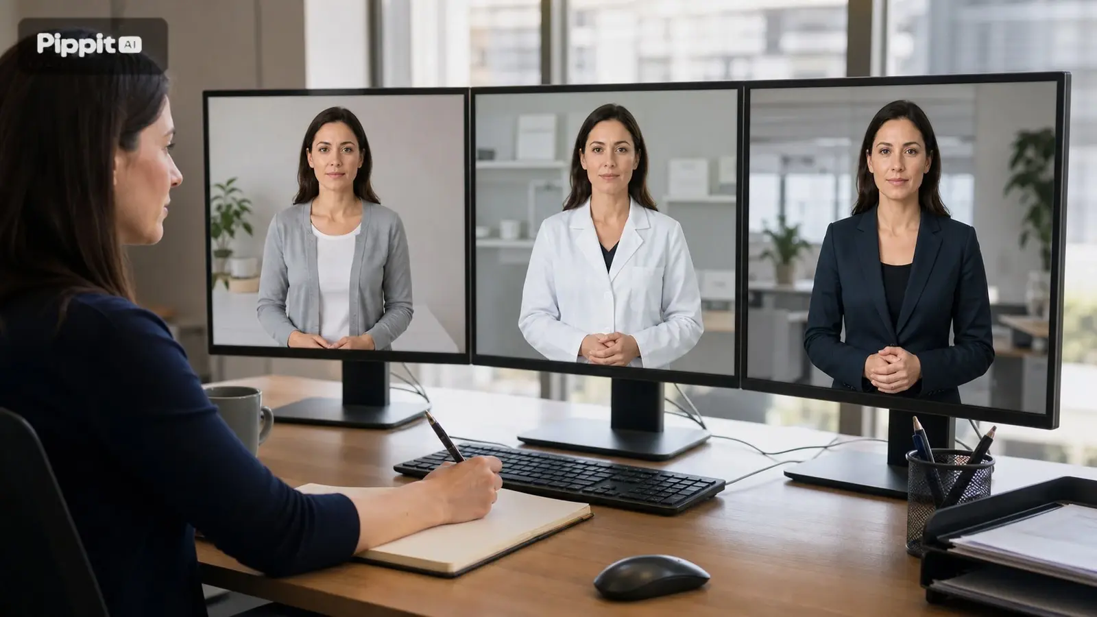 تدرس امرأة ثلاثة مقدمين مولدين بواسطة الذكاء الاصطناعي على شاشات مكتبية في مكتب