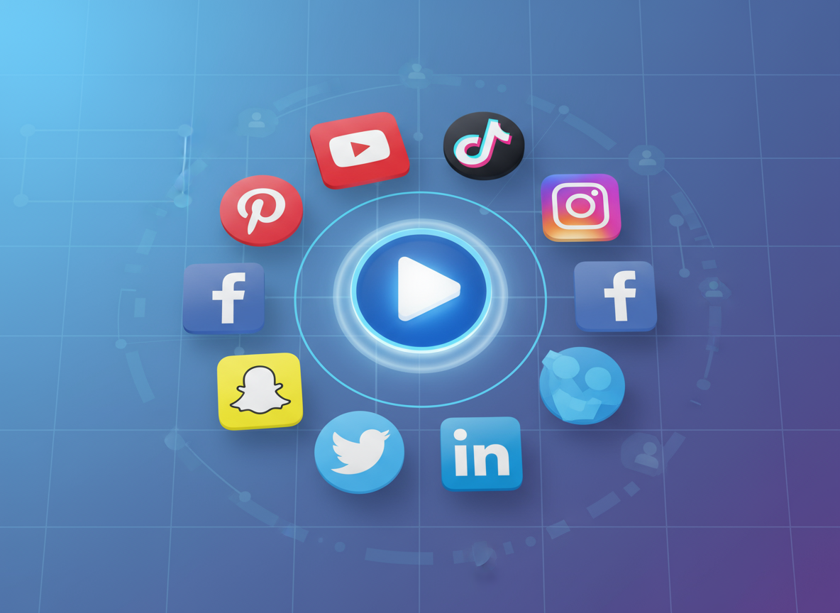 YouTube, TikTok ve Instagram gibi popüler sosyal medya platformlarının logolarıyla çevrili, sosyal paylaşıma hazır olduğunu gösteren merkezi bir video oynatıcı simgesi.