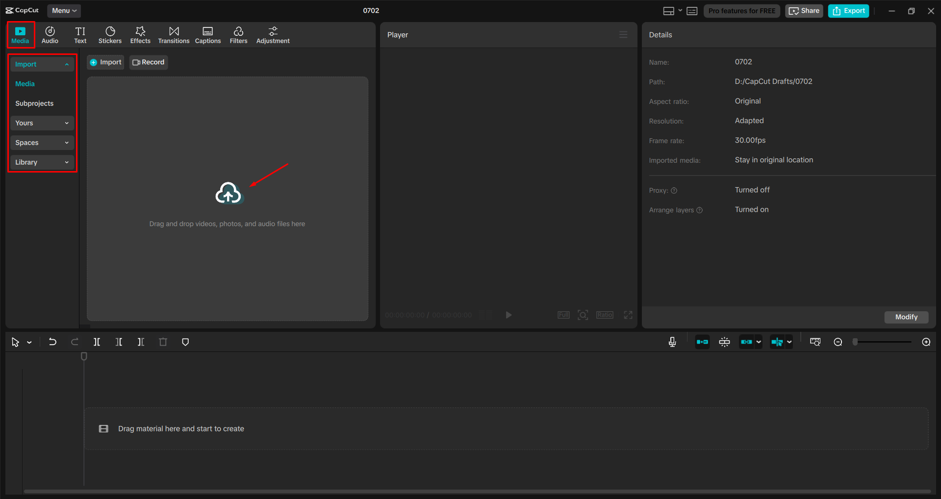 Importing a video into the CapCut desktop video editor