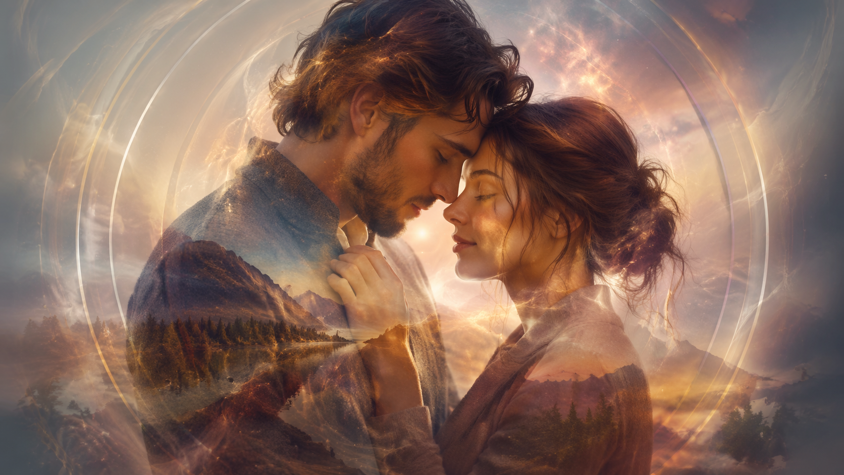 Dreamina Couple Soul AI Photos Prompts prompt example 2: Dreamy Double Exposure