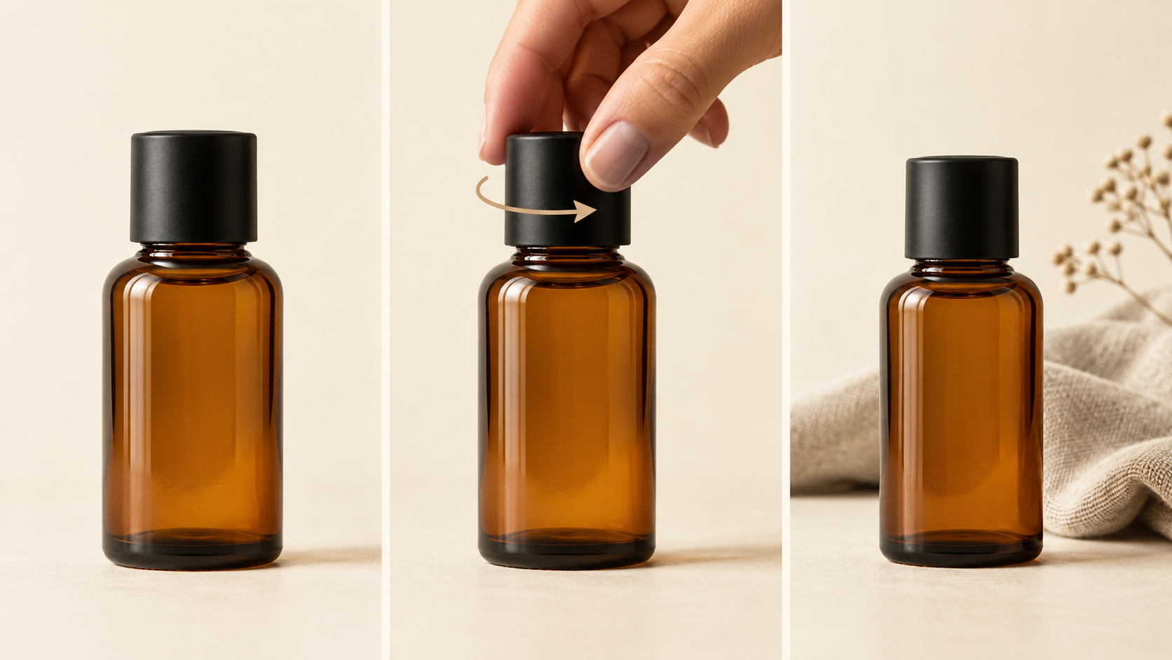 Three illustrations of the same unbranded amber bottle showing a still view a cap turn and a final review hold
