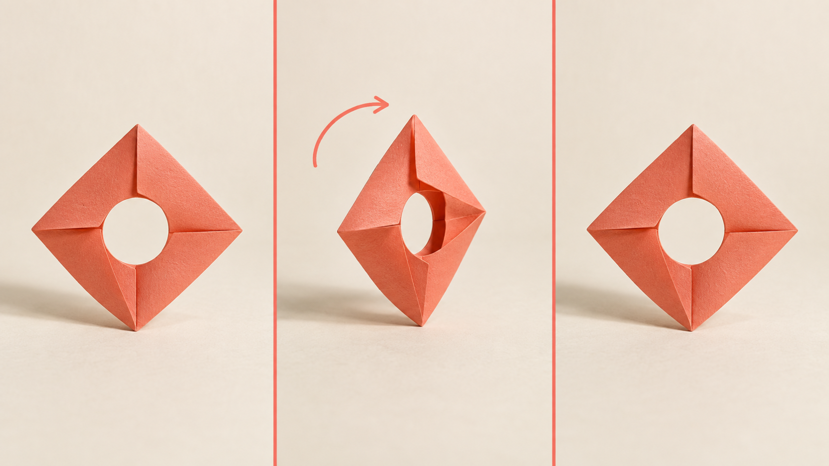 Three coral paper-emblem states show the opening hold a single rotation and the matching closing hold
