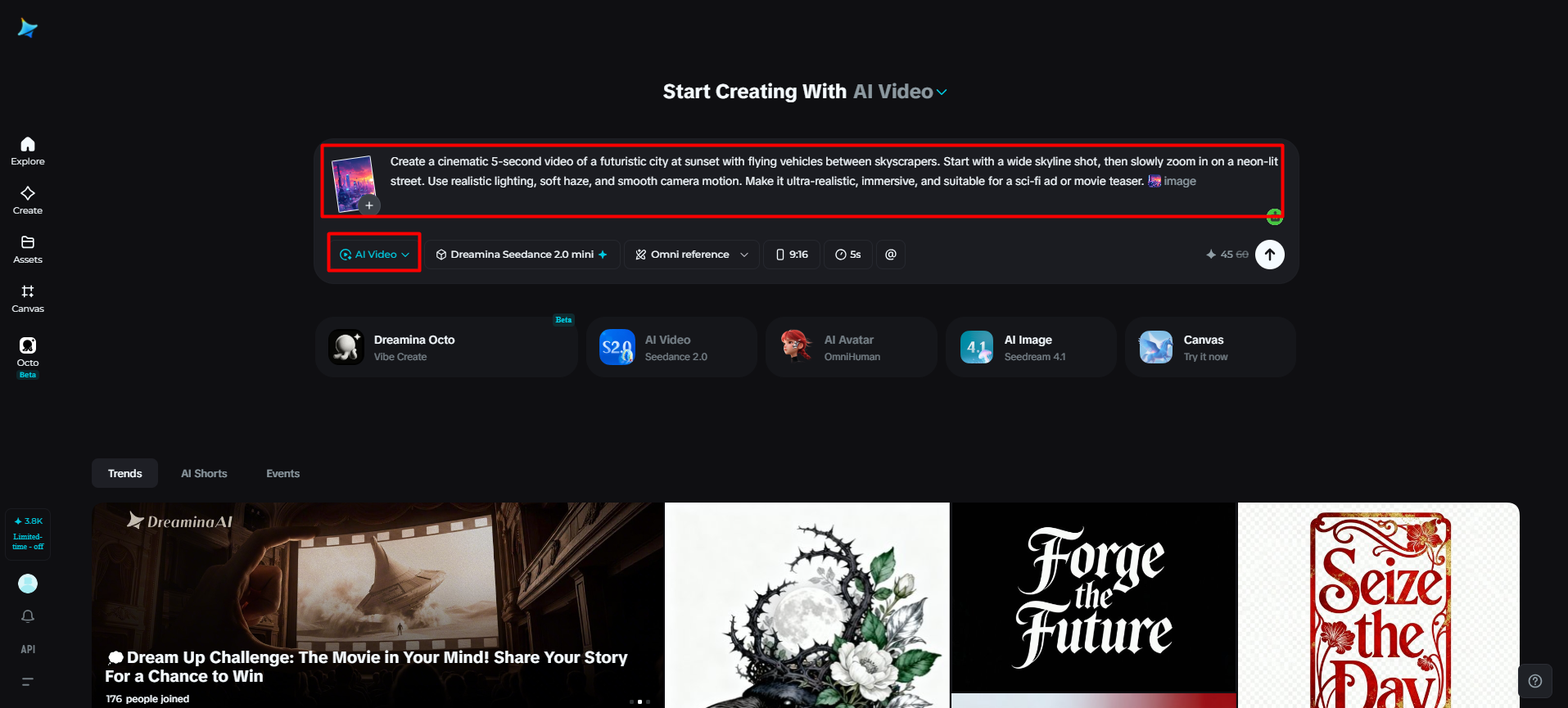 Access Dreamina and input prompt