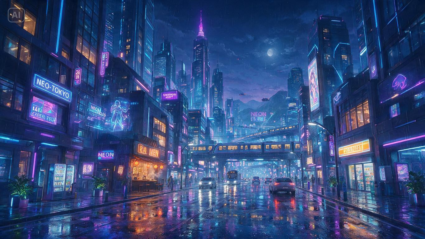 Prompt for a cool, moody anime cityscape at night
