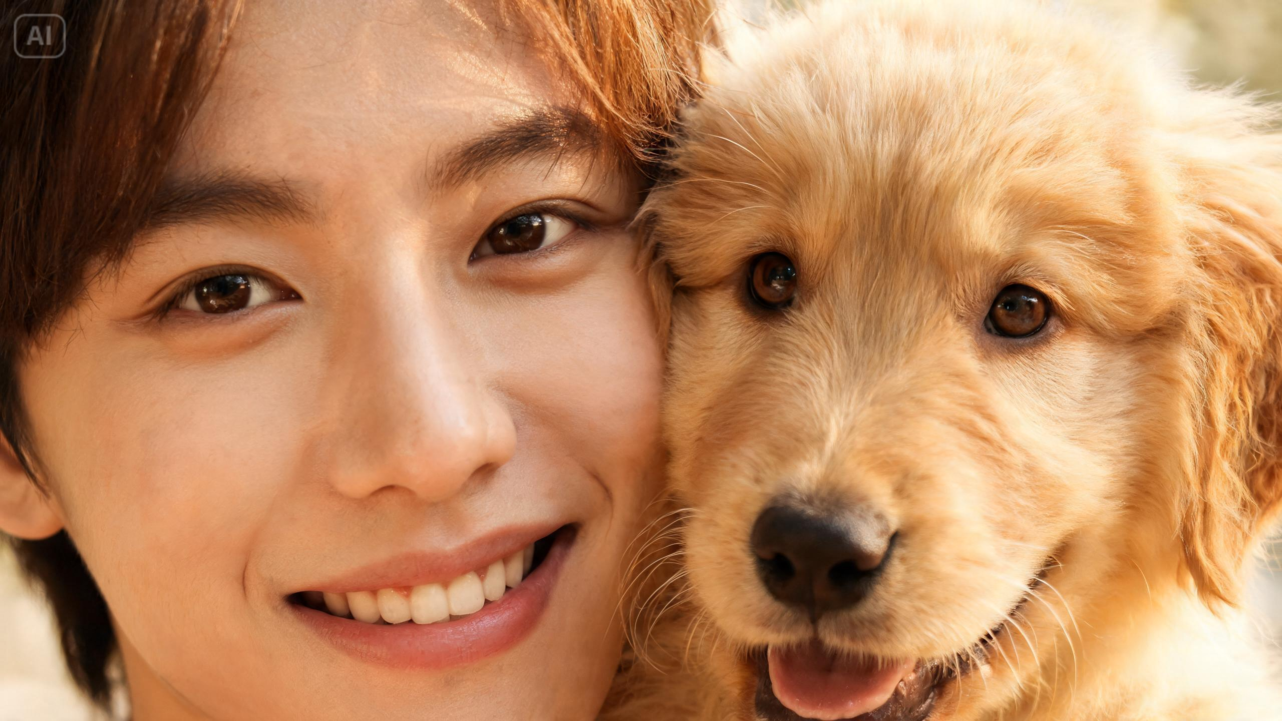 Prompt for a human and puppy close-up