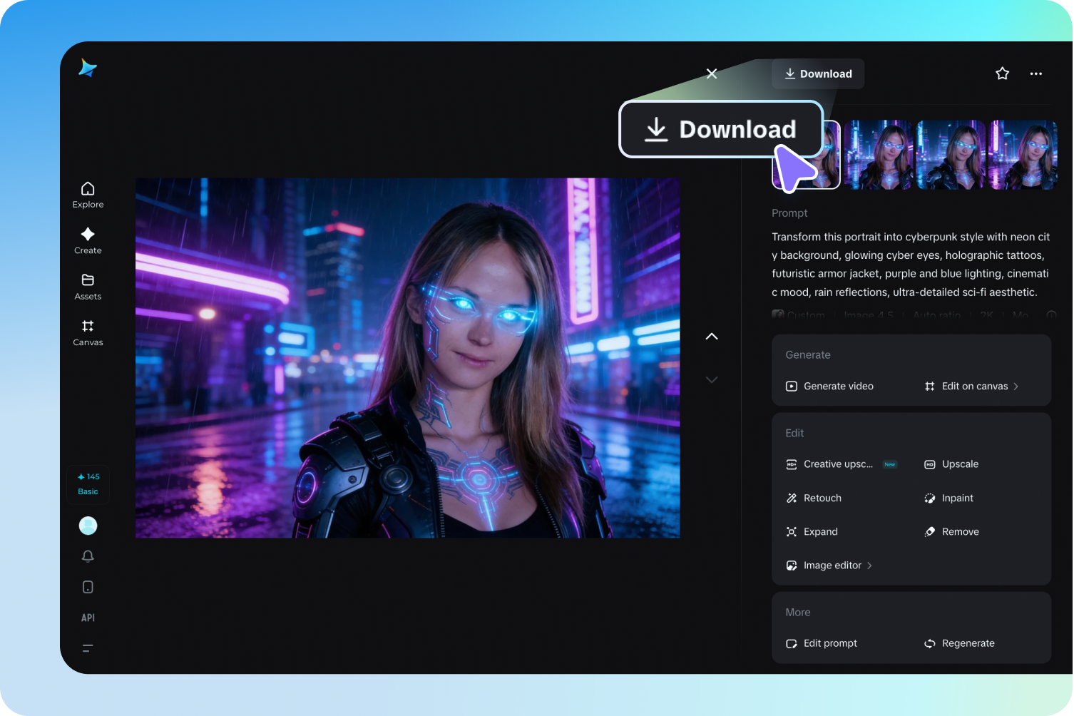 Edit dan unduh karya seni AI cyberpunk
