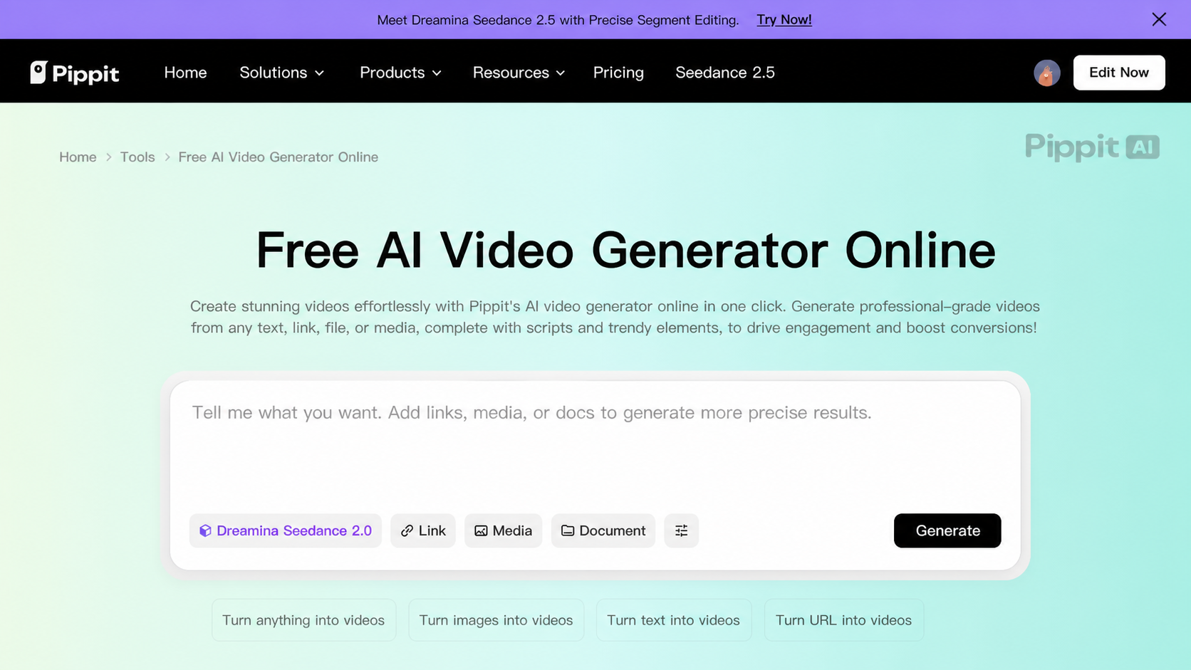 Pippit AI video generator webpage with a text prompt box and Generate button