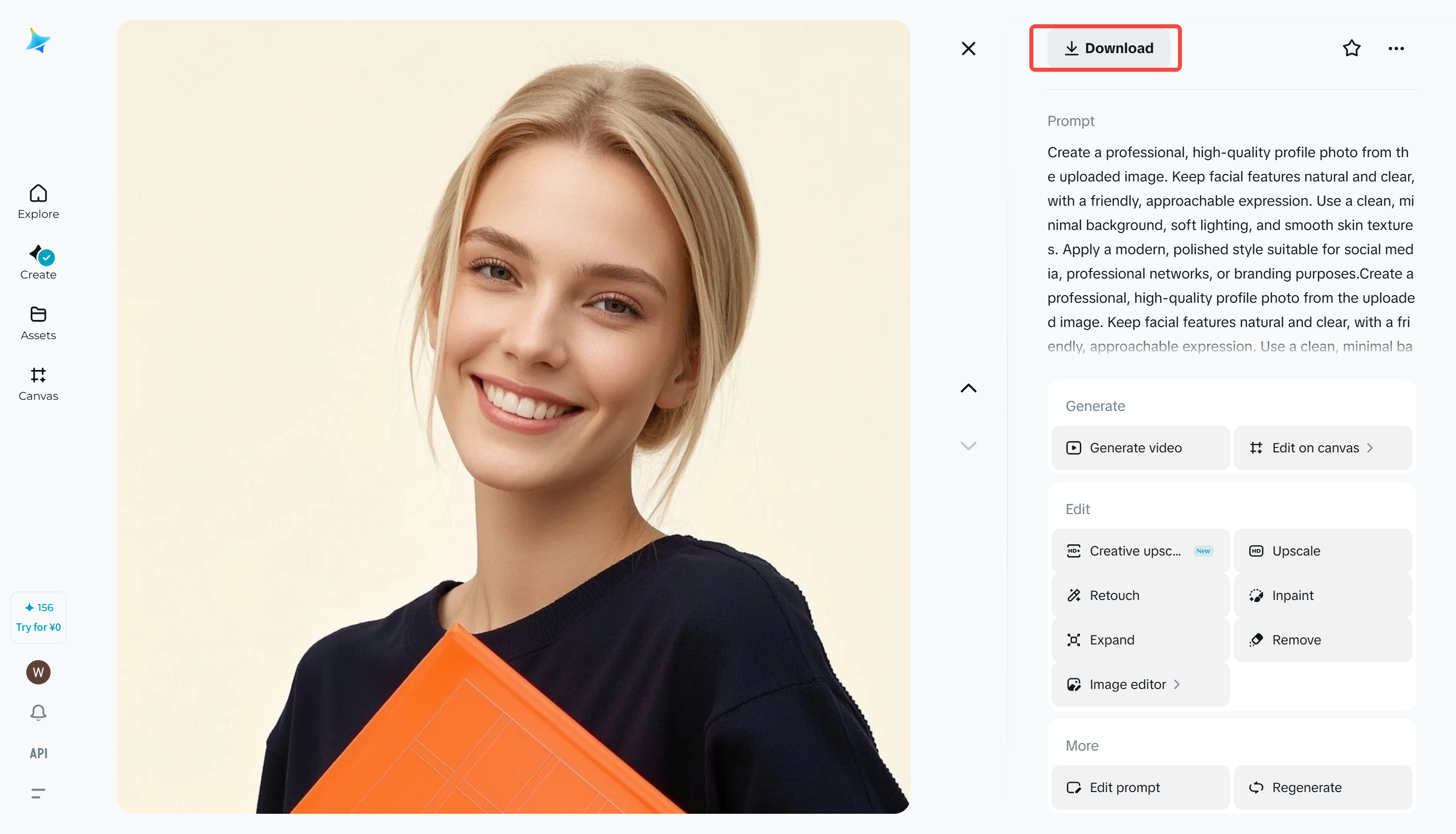 Interfejs Dreamina pokazujący opcje pobierania wygenerowanych zdjęć profilowych i udostępniania w mediach społecznościowych, profesjonalnych lub platformach do gier
