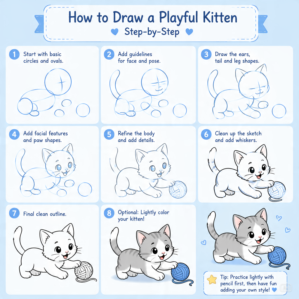 Kitten playing drawing guide generated by Pippit