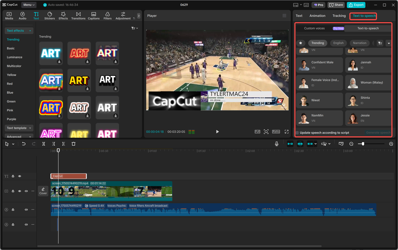 CapCut text-to-speech panel listing voice choices beside an open desktop video project
