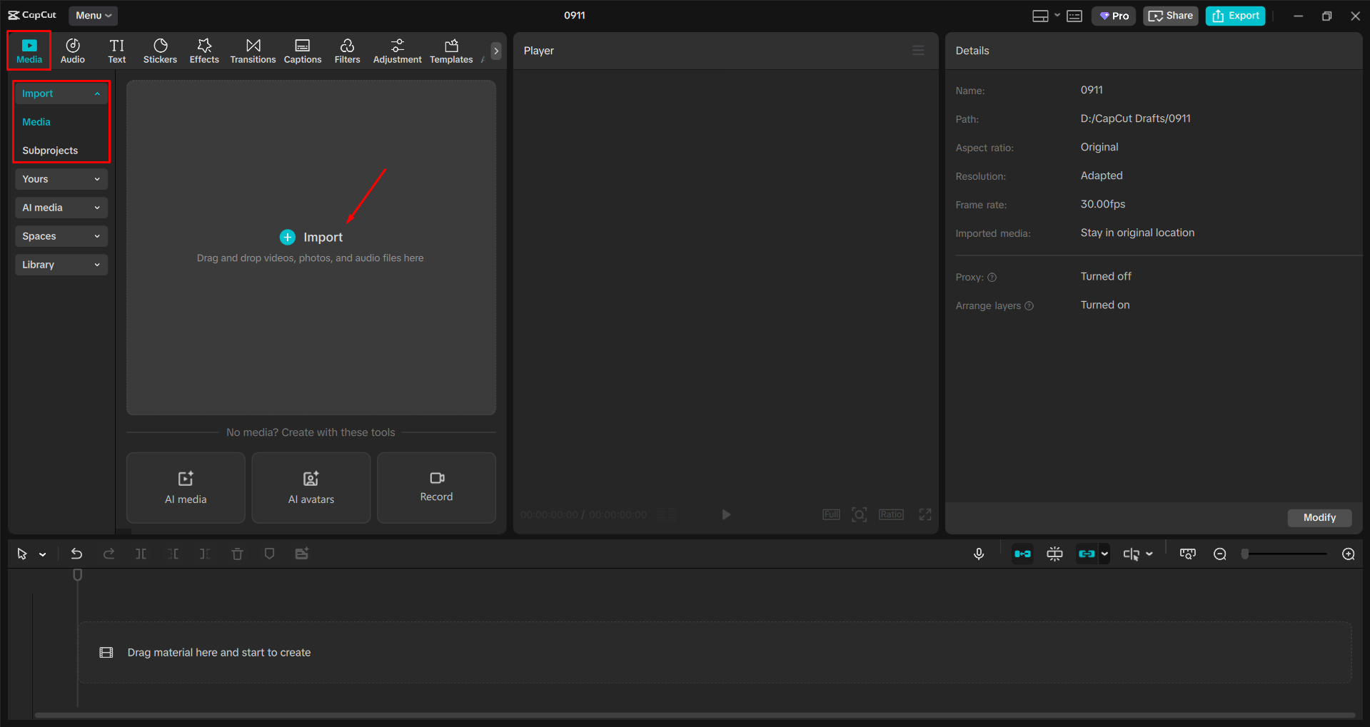 Importieren eines Videos in den CapCut Desktop-Video-Editor