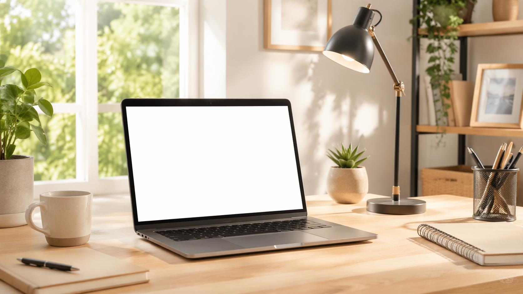 Dreamina MacBook mockup snabb exempel 6: Bright Home Office bärbar dator