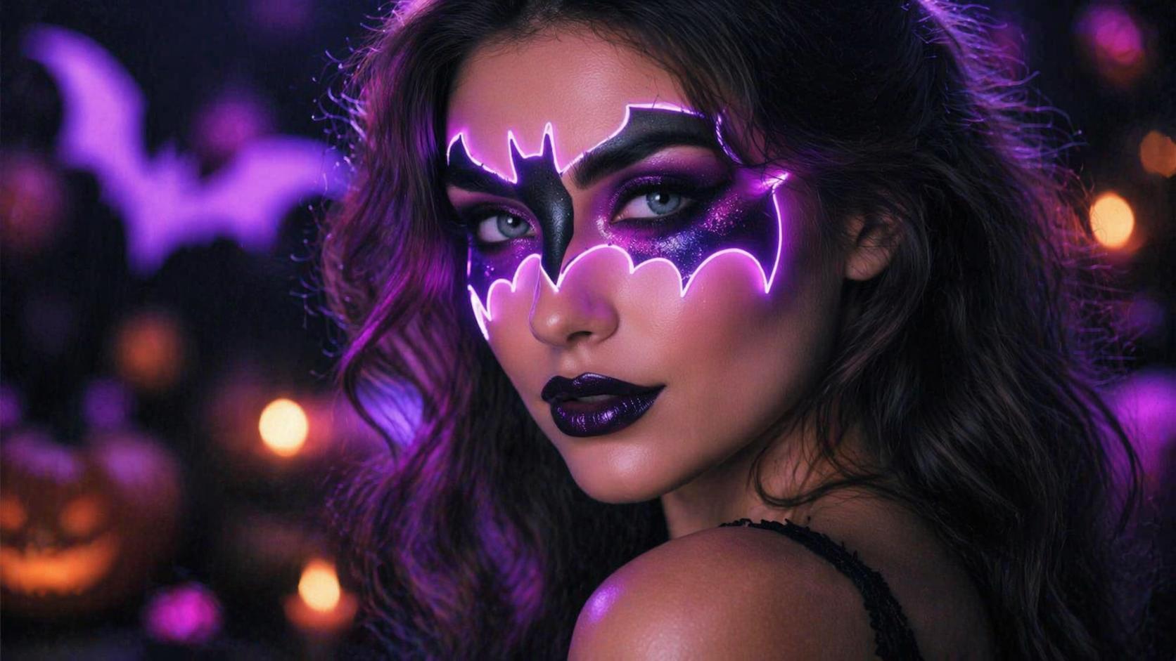 Ví dụ nhắc nhở bộ lọc trang điểm Halloween của Dreamina 5: Sơn mặt dơi neon