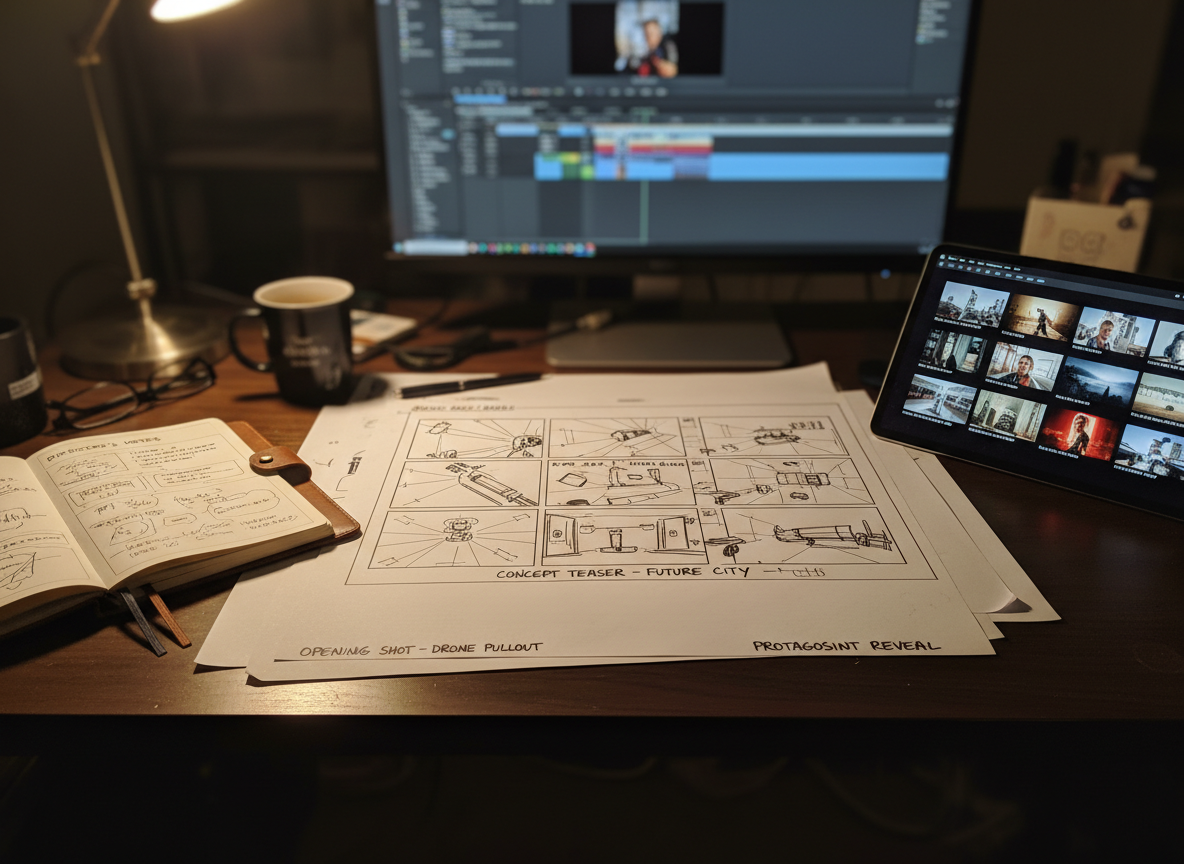 Rame Storyboard pe birou cu note de regizor și referințe cinematografice.