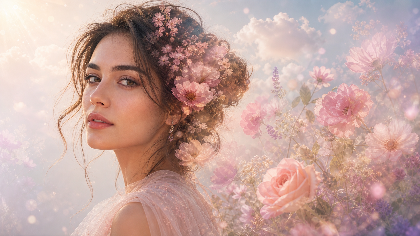 16 : 9 floral double exposition fille IA photo edit