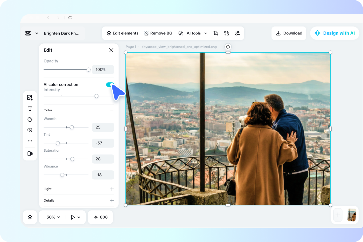 Using CapCut tools to brighten the image