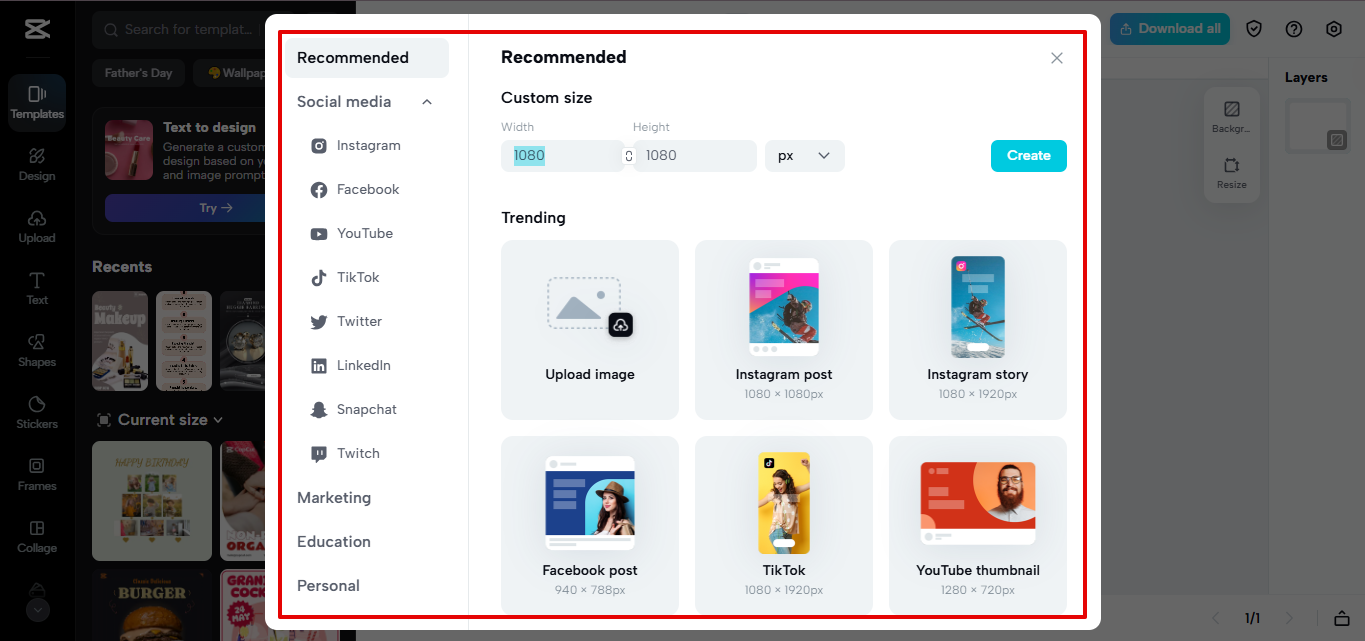 การตั้งค่าขนาดภาพสำหรับกริดเบนโตใน CapCut Web