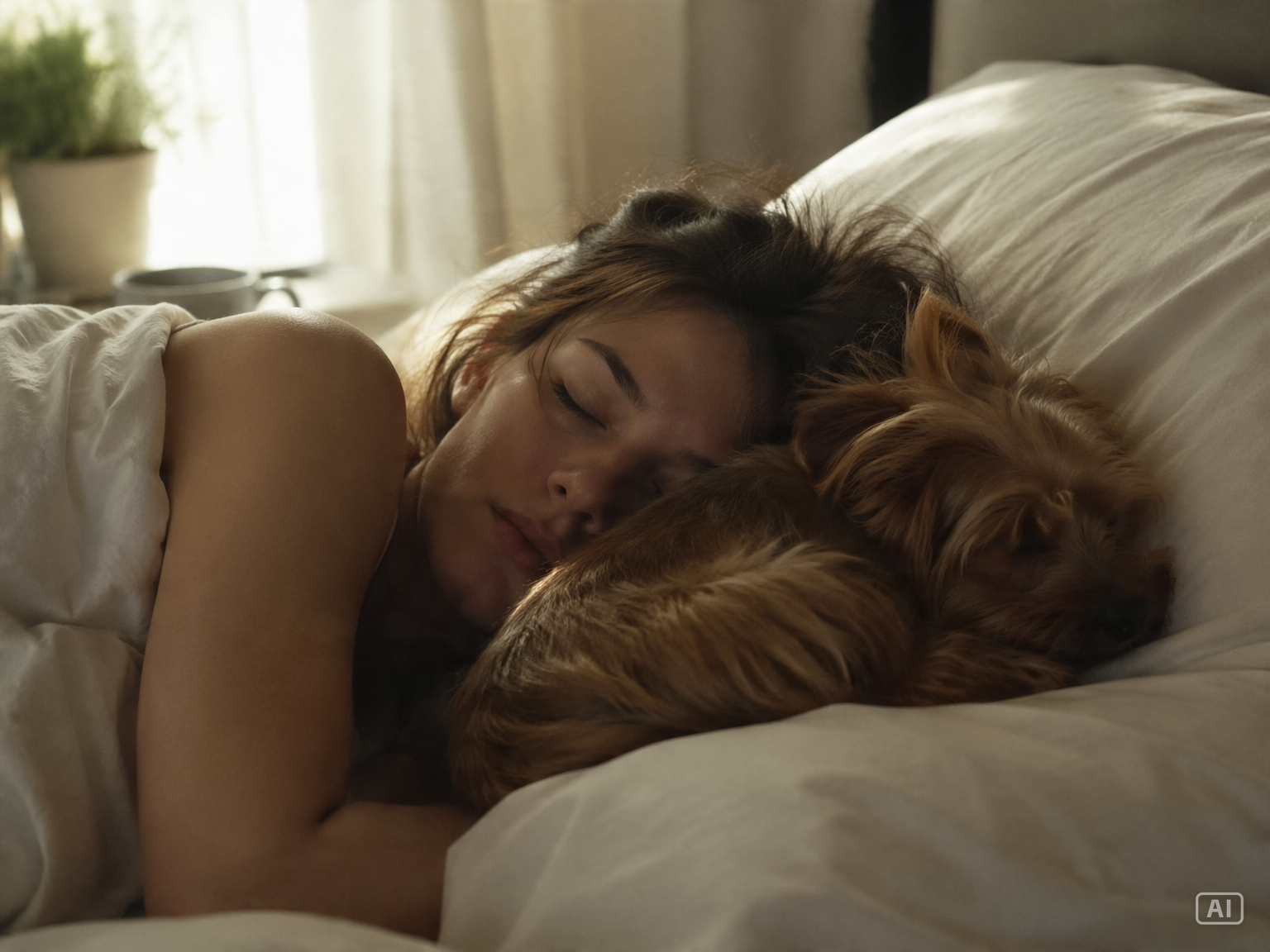 Sleeping with dog at dawn generated by Pippit