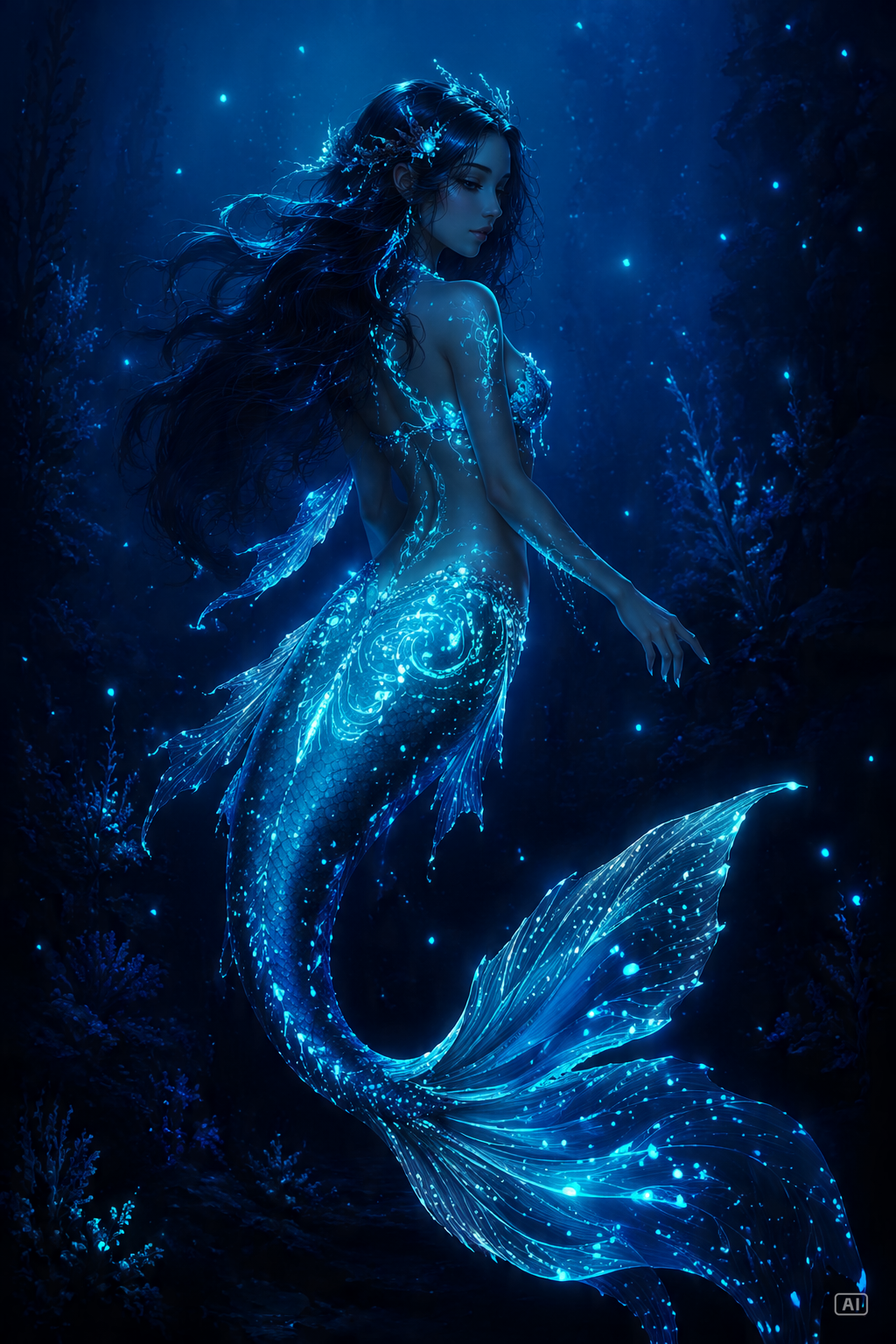Bioluminescent mermaid art prompt generated by Pippit
