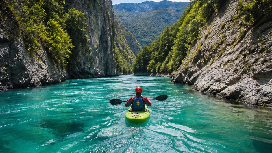 Nature Adventure Travel — kayaker moving through a turquoise canyon river
