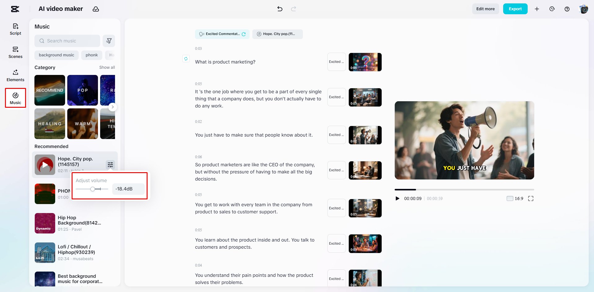 Agregar música de fondo al video de marketing con CapCut Web