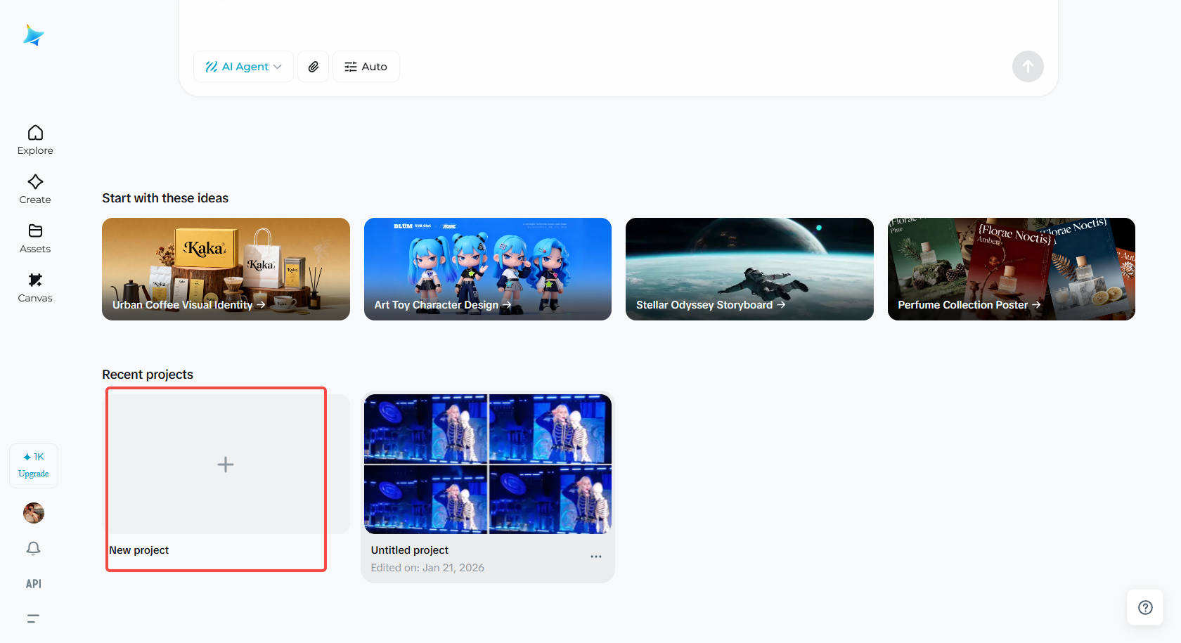 Create a new project in Dreamina