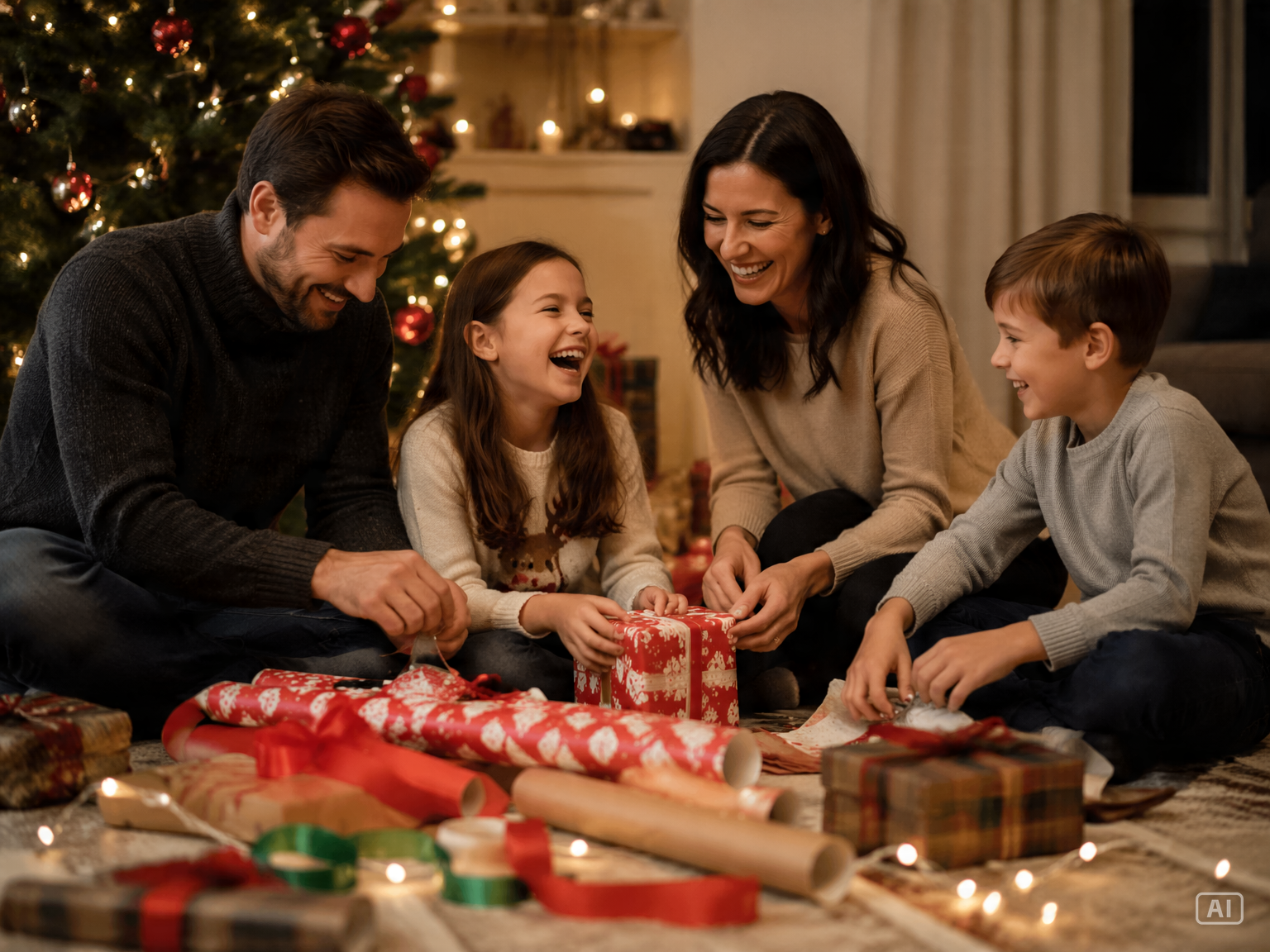 Family wrapping gifts image generated by Pippit