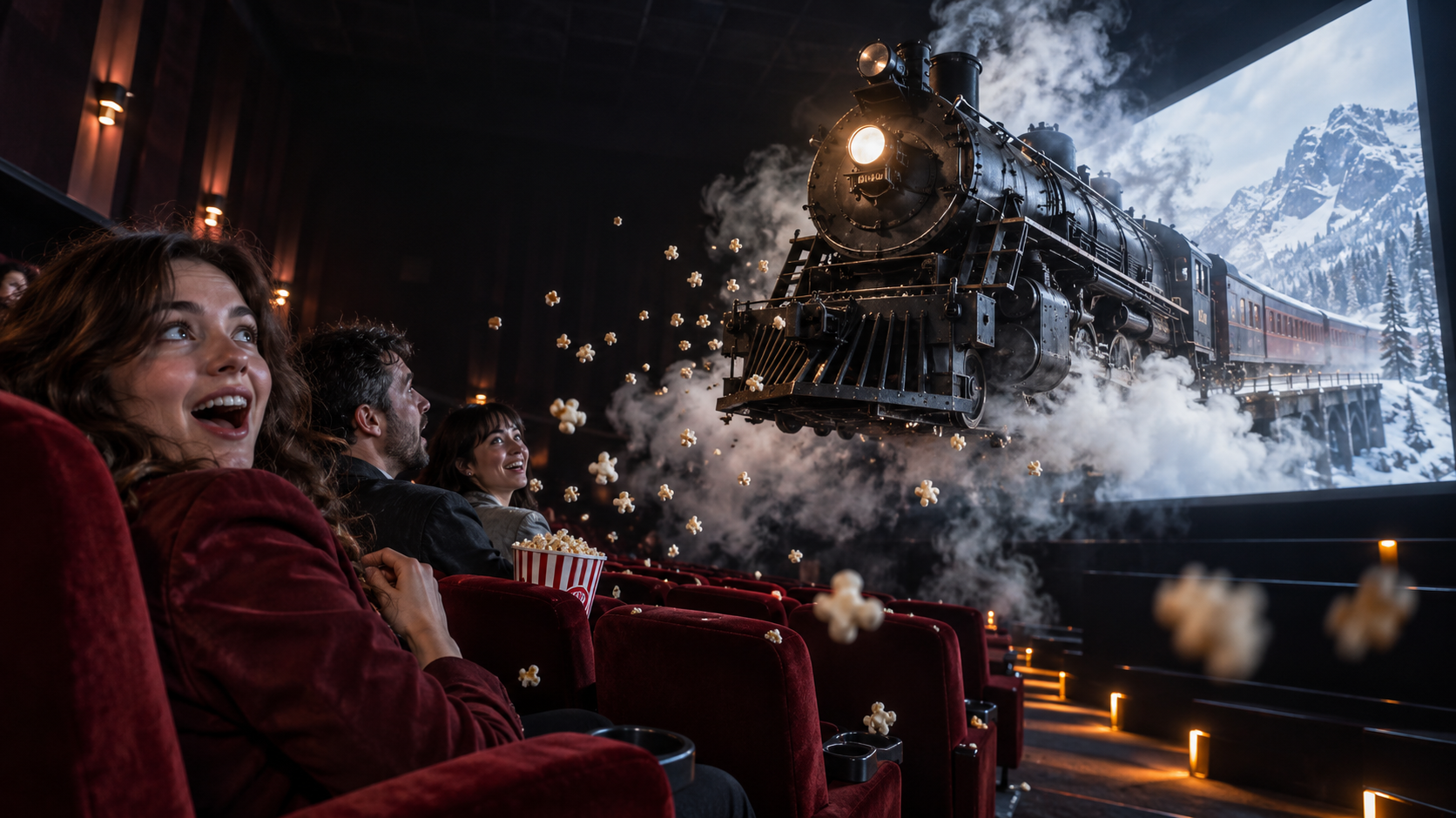 Steam train emerging from a cinema screen above red seats and surprised adult viewers