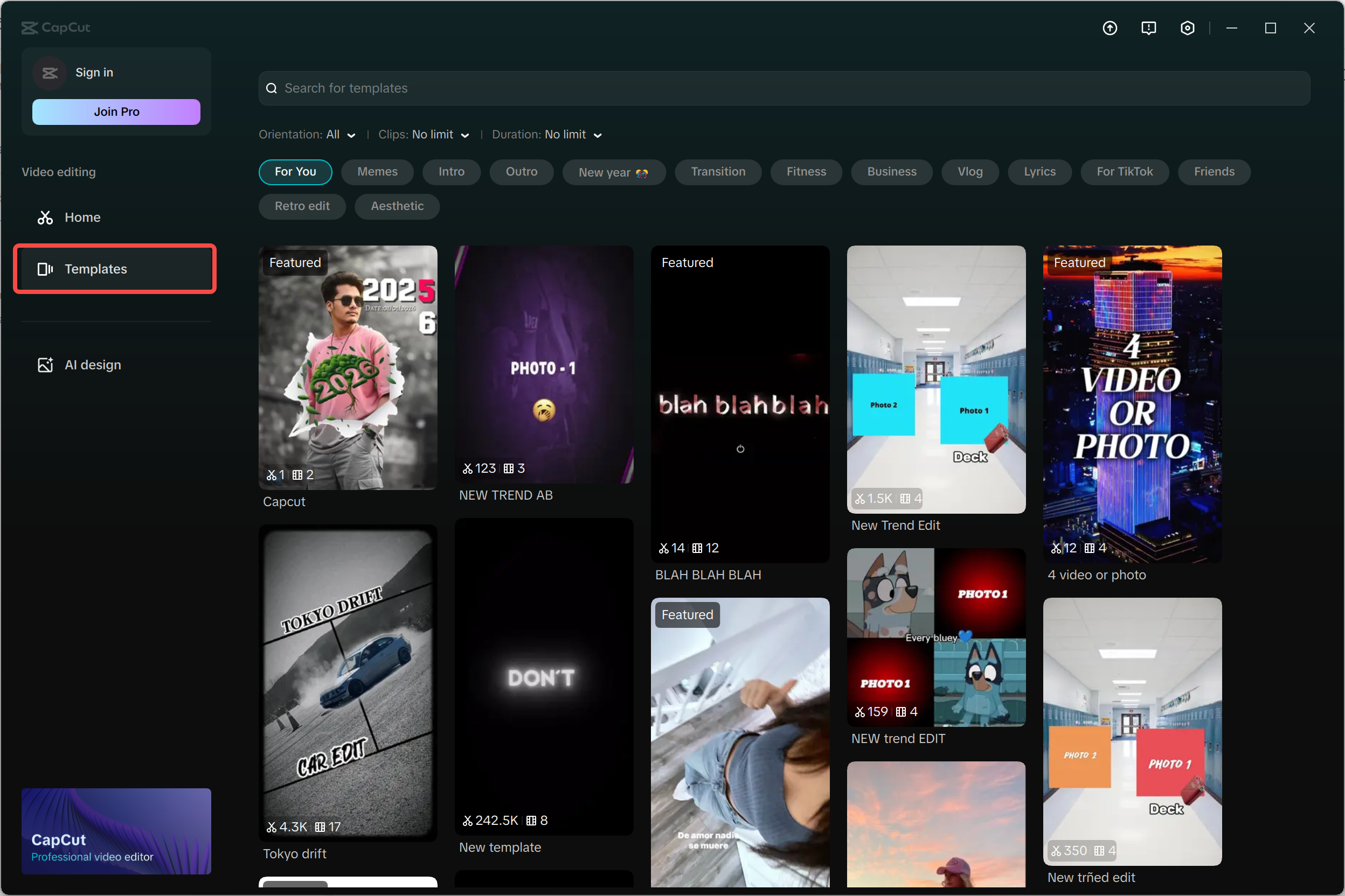 Vorlagen-Browsing-Seite in CapCut Desktop