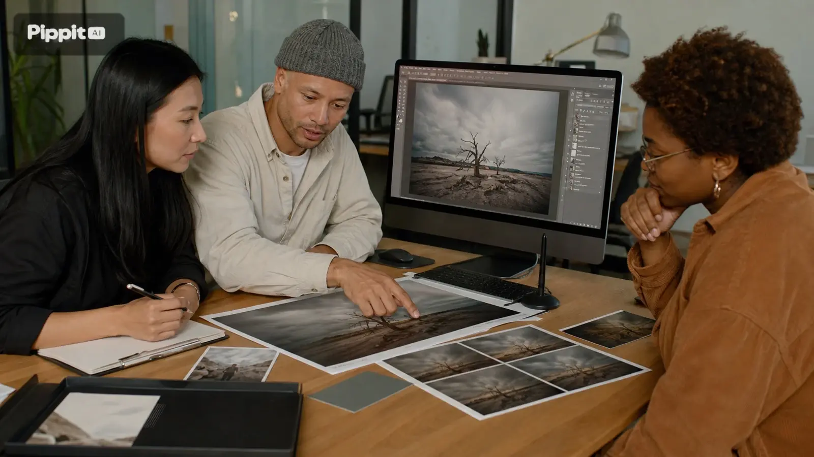 Tiga orang meninjau foto lanskap cetak di samping monitor desktop yang menampilkan pemandangan gurun.