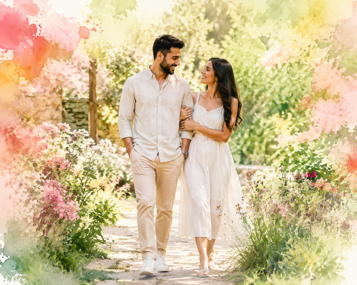 Dreamina watercolor couple photo prompt prompt example 2: Garden Pastel Portrait