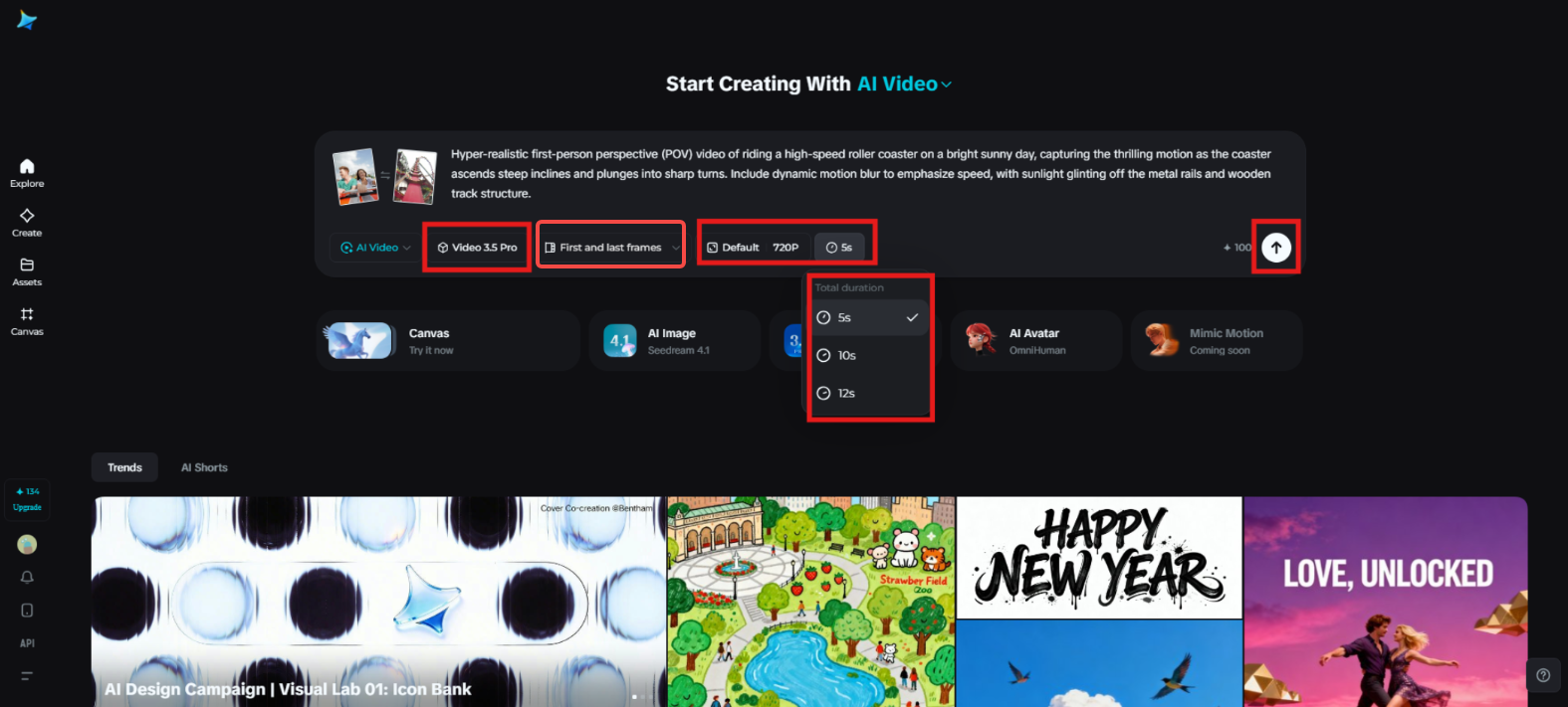 Generating the roller coaster video in Dreamina