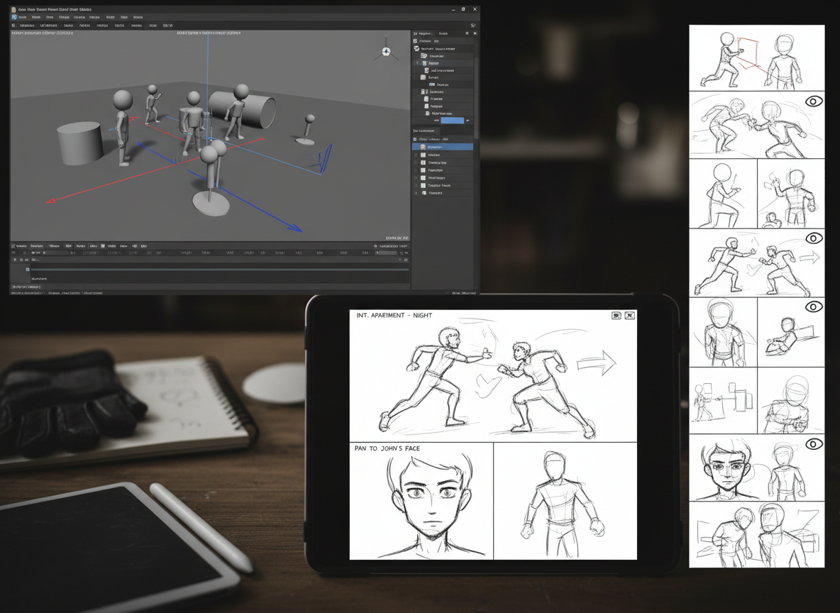 Diagramă de blocare a fotografiilor cu săgeți ale camerei și panouri storyboard pentru previs indie.