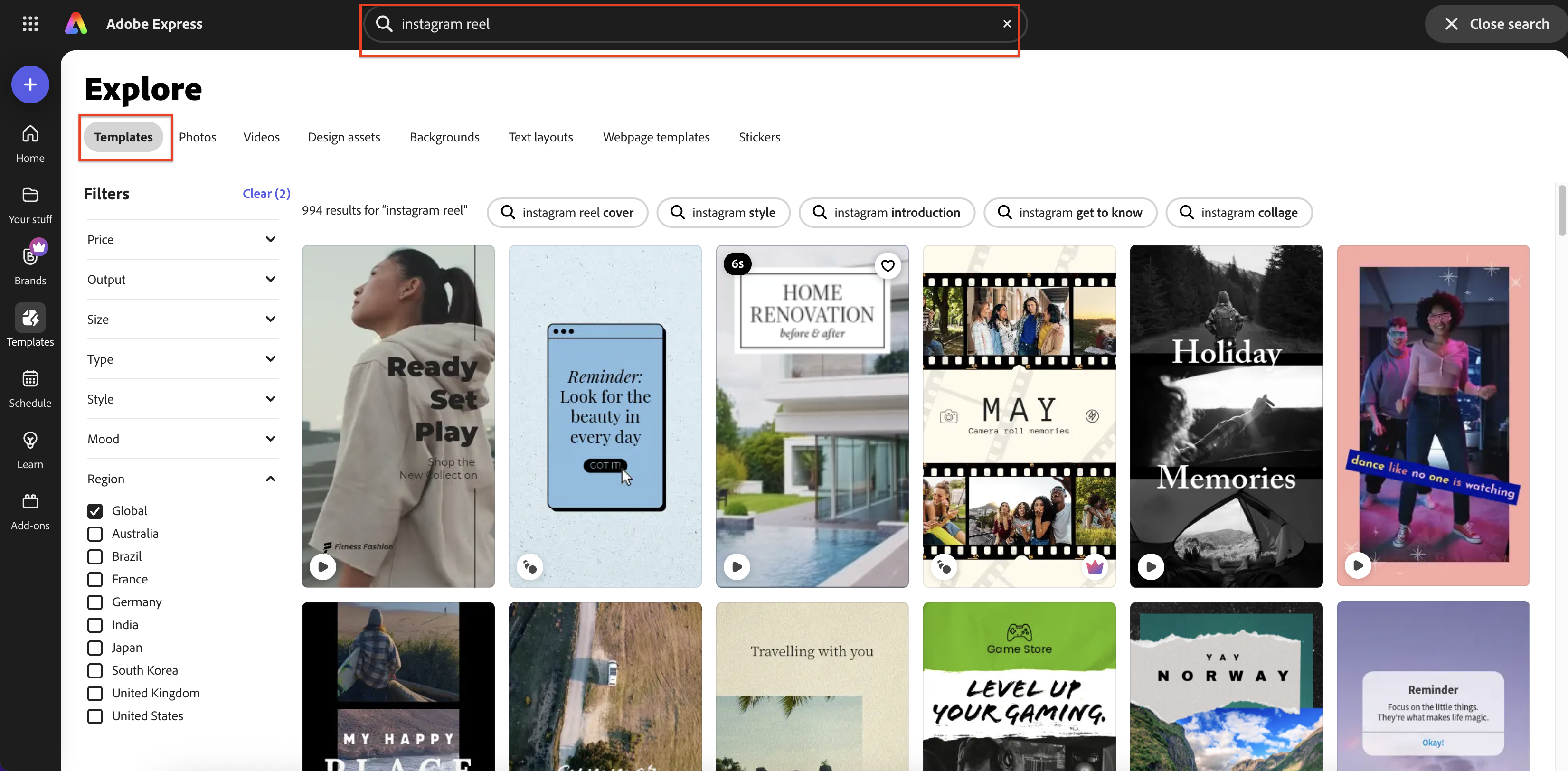 Auswahl von Instagram-Reel-Vorlagen in Adobe Express