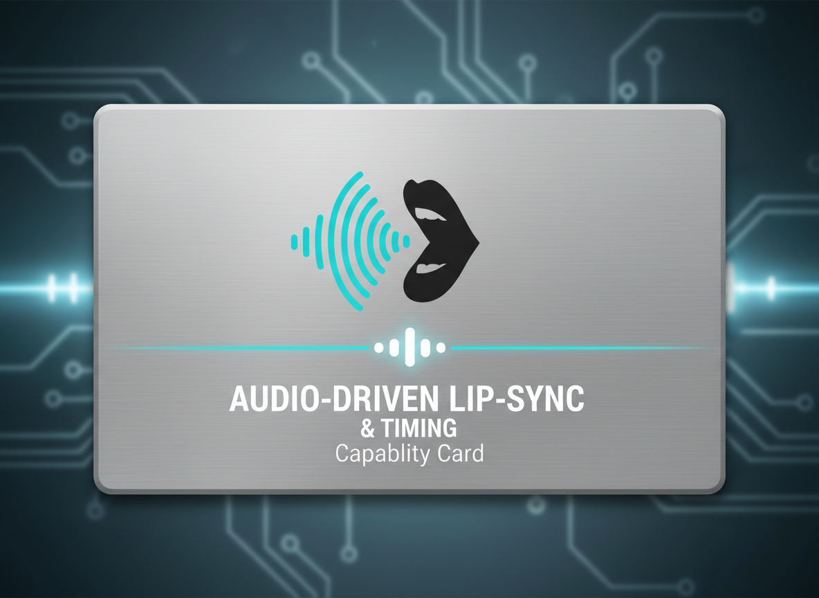Capability icon panel: mouth silhouette with waveform and beat markers for audio‑driven lip‑sync and timing.