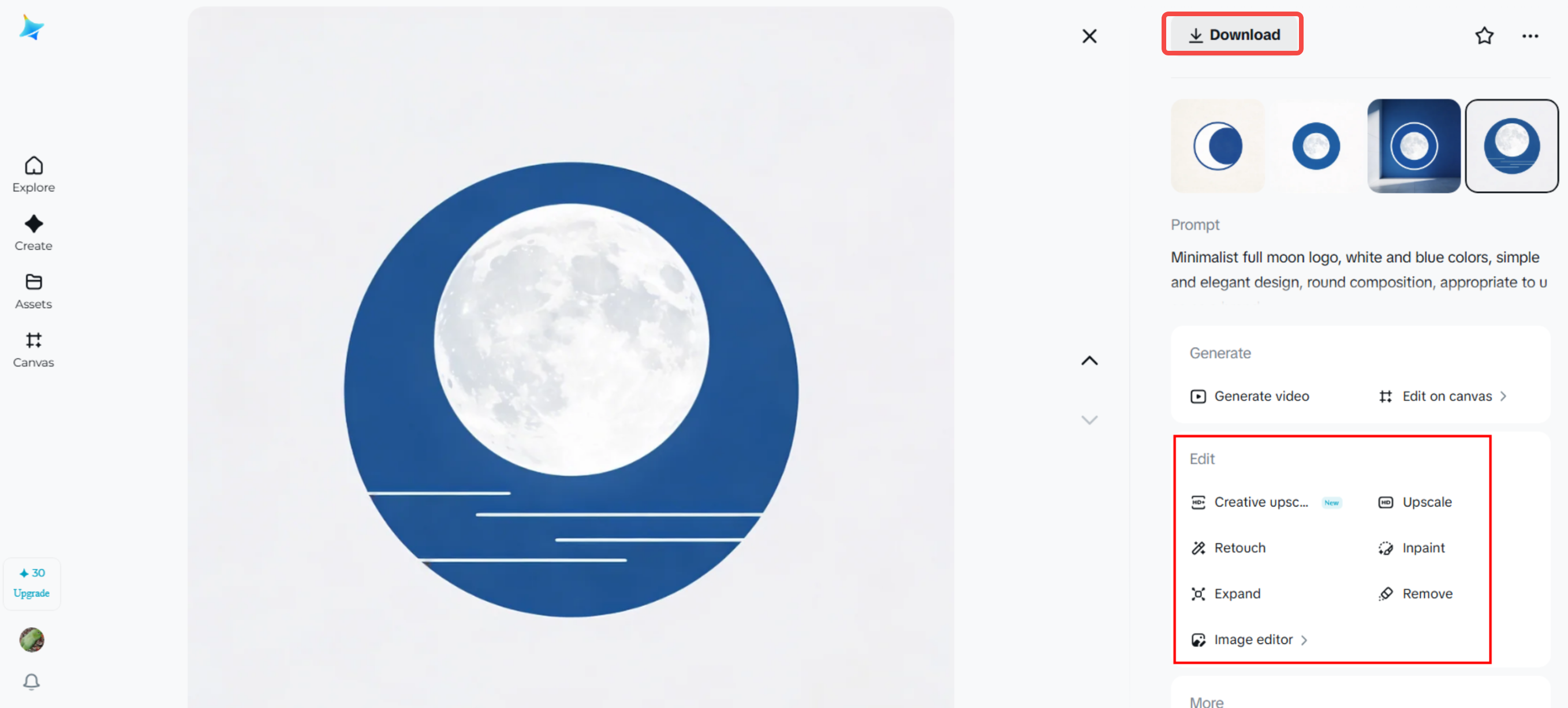 Selecting, refining, and downloading the generated moon logo